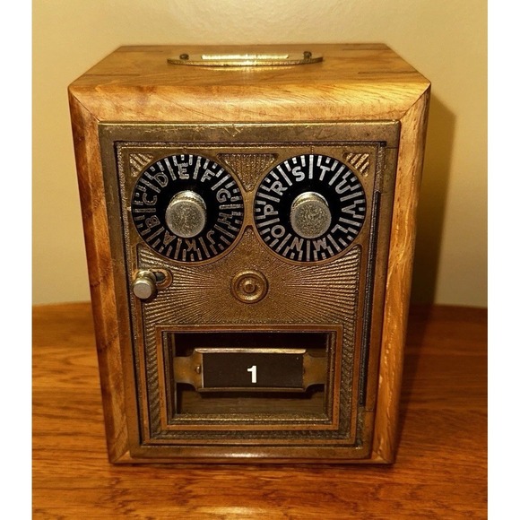 Antique Post Office Box Door Bank-Dual Dial Bullseye Design Oak-With Combination - Picture 1 of 9